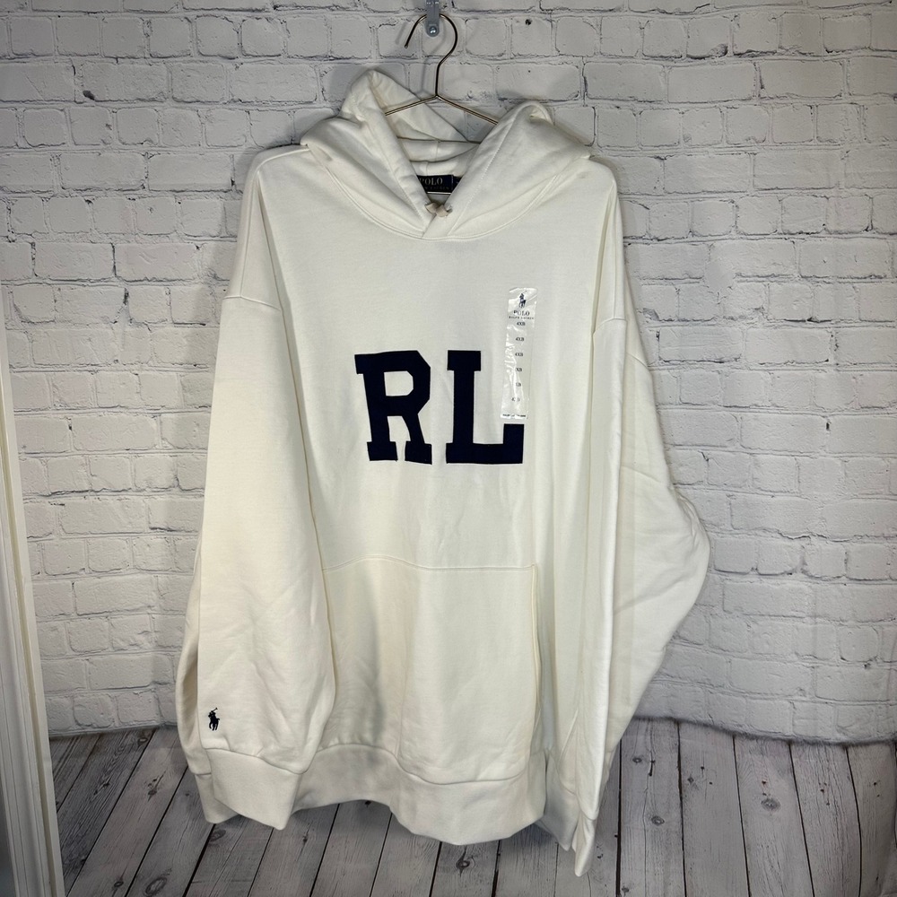 Polo Ralph Lauren Mens 4XB Cream White RL Logo Fleece Hoodie Sweatshirt Big Tall